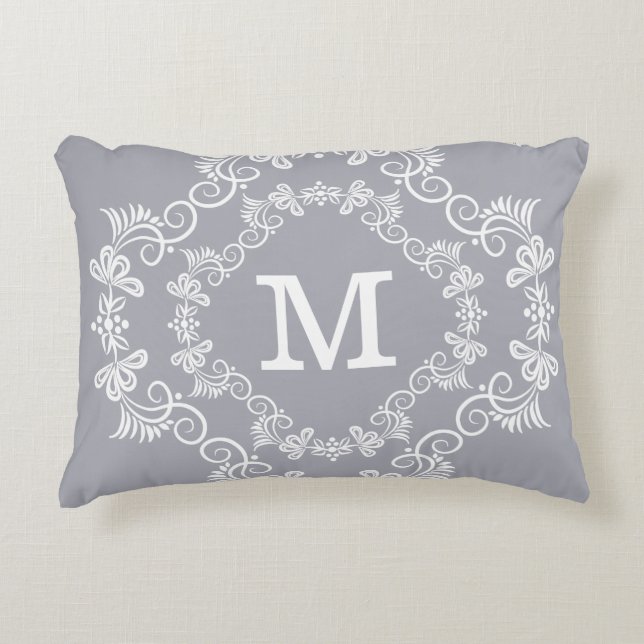 Grey White Custom Monogram Decorative Decorative Pillow (Front)