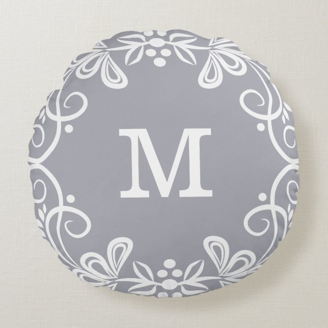 Grey White Custom Monogram Decorative Round Pillow (Front)