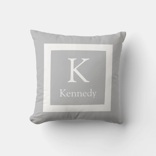 Grey White Custom Monogram Name Throw Pillow (Front)
