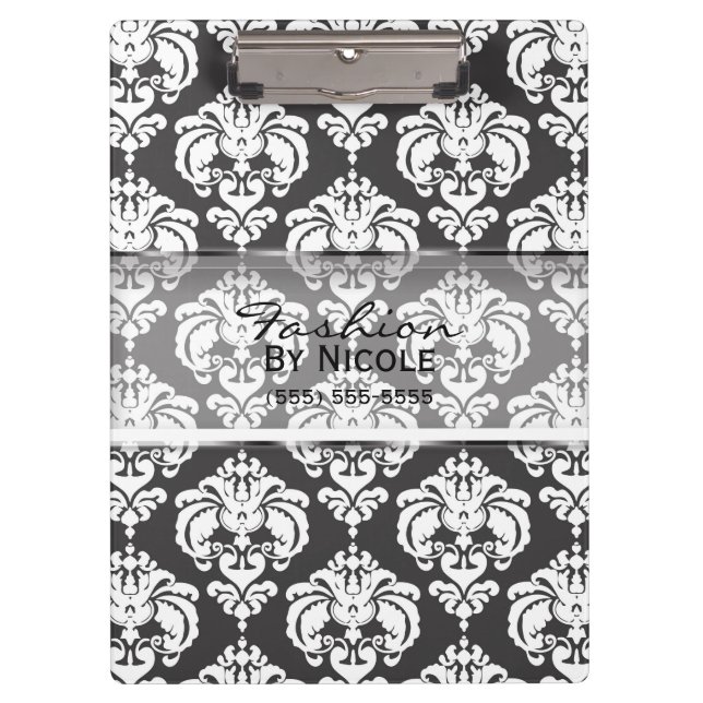 Grey & White Damask Chic Elegant Glam Personalized Clipboard (Front)