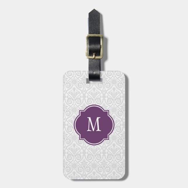 Grey & White Damask Monogram Luggage Tag (Front Vertical)