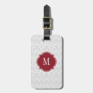 Grey & White Damask Monogram Luggage Tag