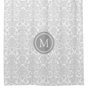 Grey White Damask Monogram Shower Curtain
