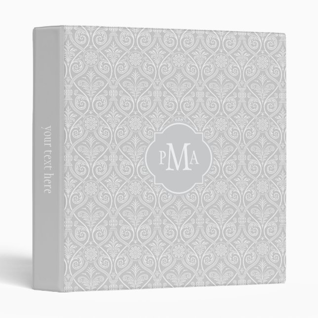 Grey & White Damask Pattern Monogram Binder (Front/Spine)