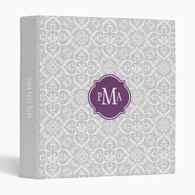 Grey & White Damask Pattern Monogram Binder (Front/Spine)