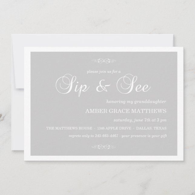 Grey & White Damask Sip And See Invitation (Front)
