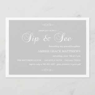 Grey & White Damask Sip And See Invitation