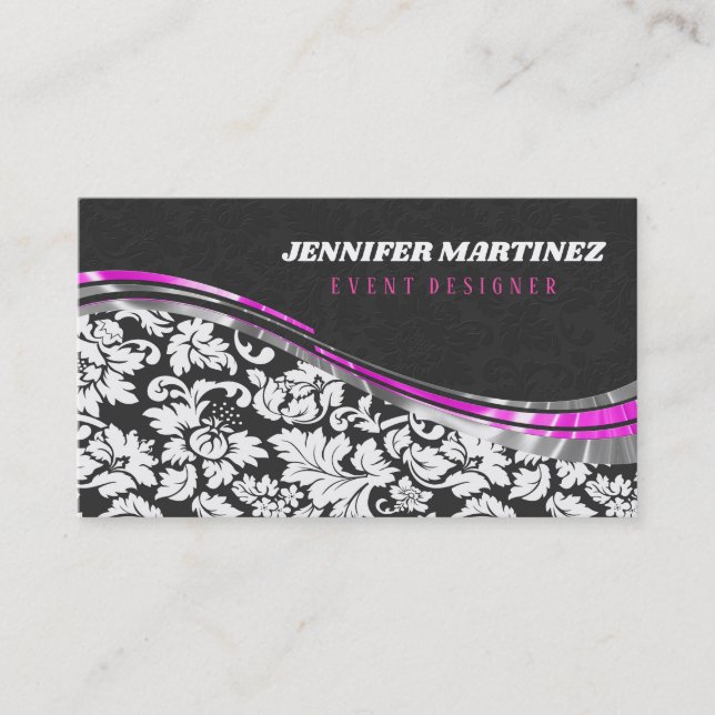 Grey & White Damasks With Pink Accents Business Card (Front)