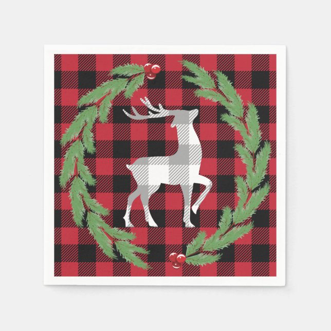 Grey White Deer Buffalo Plaid Holly Pine Berries Napkin (Front)