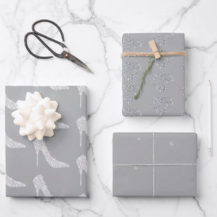 Grey White Diamond High Heel Shoes Wedding Wrapping Paper Sheet