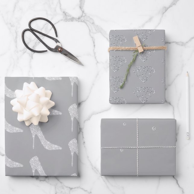 Grey White Diamond High Heel Shoes Wedding Wrapping Paper Sheet (Front)