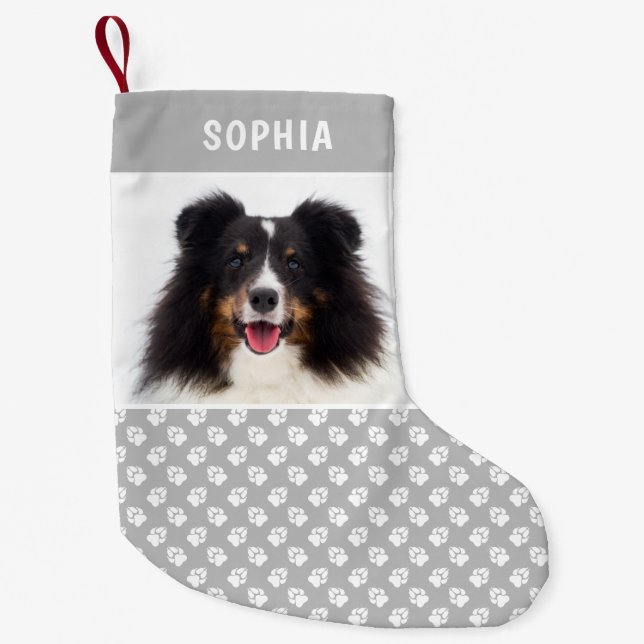 Grey White Dog Paws Custom Pet Photo Personal Name Small Christmas Stocking (Front)