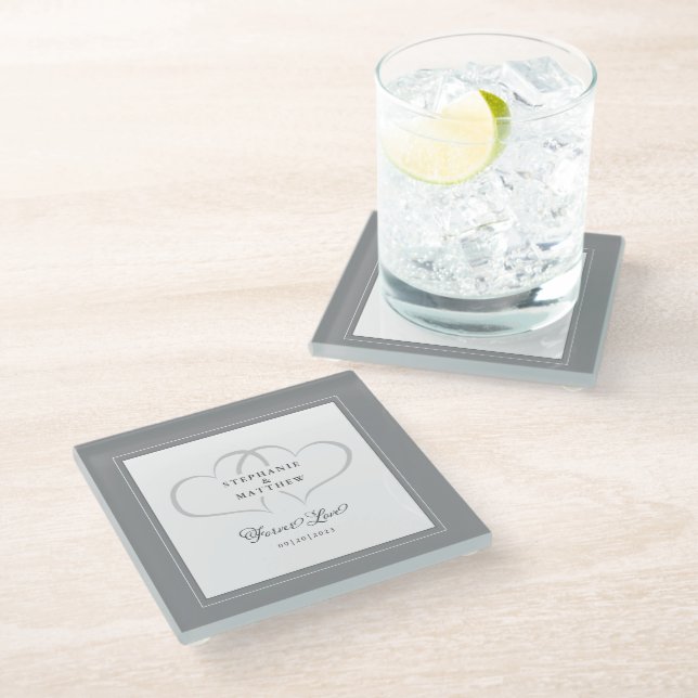 Grey & White Elegant Wedding Hearts Forever Love Glass Coaster (Angled)