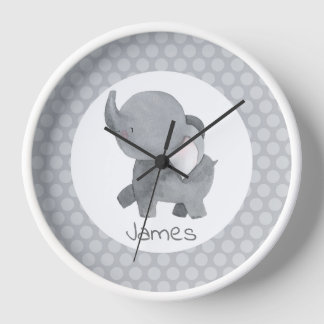 Grey White Elephant Baby Nursery Clock With Name