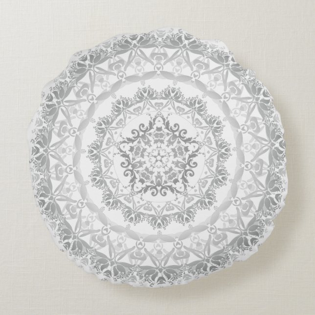 Grey White Floral Damask Mandala Round Pillow (Back)
