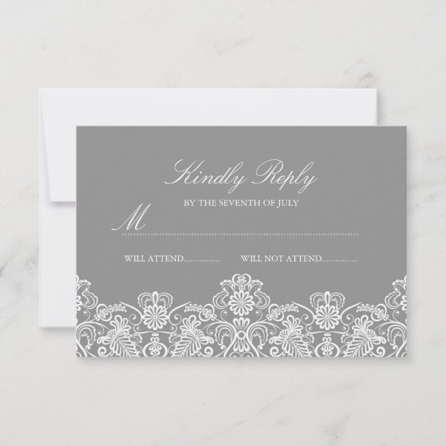 Grey & White Floral Lace Wedding RSVP Card (Front)