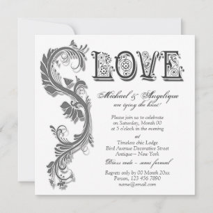 Grey white floral swirl engagement wedding invitation