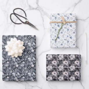 Grey & White Floral Watercolor Wrapping Paper Sheet