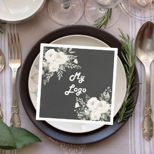 Grey white florals business logo napkin