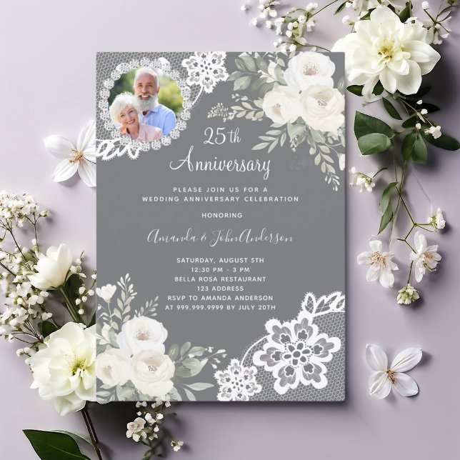 Grey white florals photo 25th wedding anniversary invitation (Creator Uploaded)