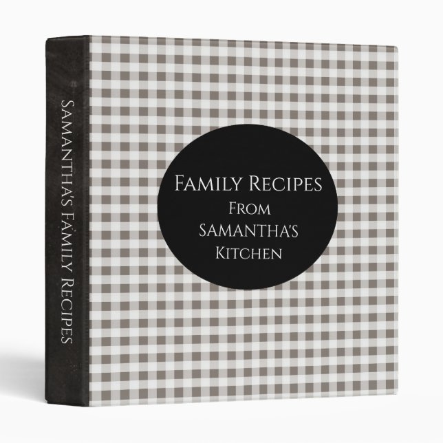 Grey & White Gingham Chequered Recipe Binder (Front/Spine)