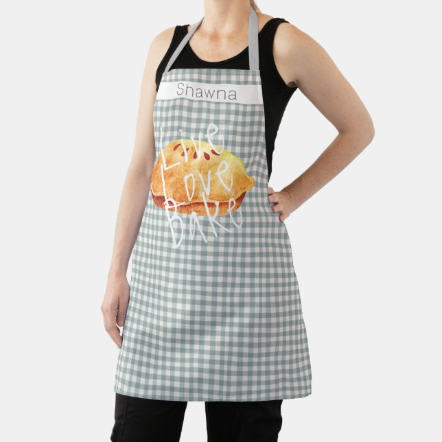 Grey White Gingham Live Love Bake Personalized  Apron (Insitu)