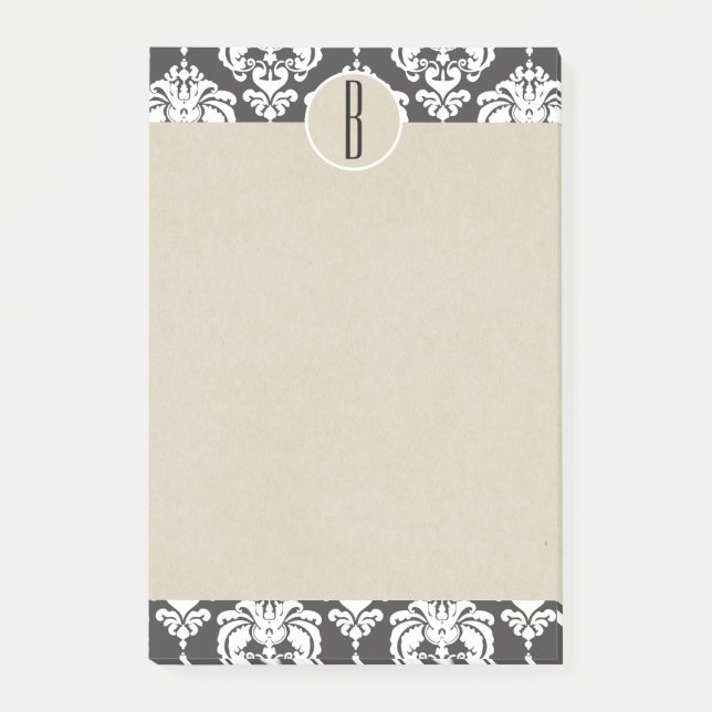 Grey White Glam Damask Kraft Monogram Initial Post-it Notes (Front)