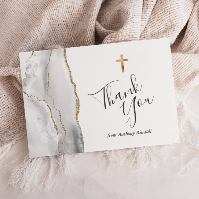 Grey White Gold Agate First Communion Thank You Card (Creator Uploaded)