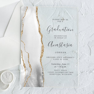 Grey White Gold Agate Grey Text Graduation Acrylic Invitations