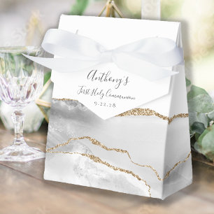 Grey White Gold Agate Script First Communion Favor Box