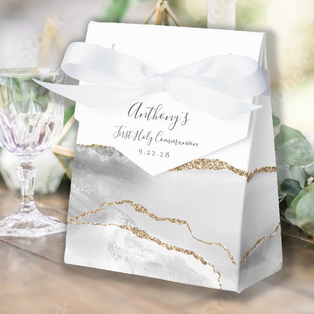 Grey White Gold Agate Script First Communion Favor Box (Creator Uploaded)