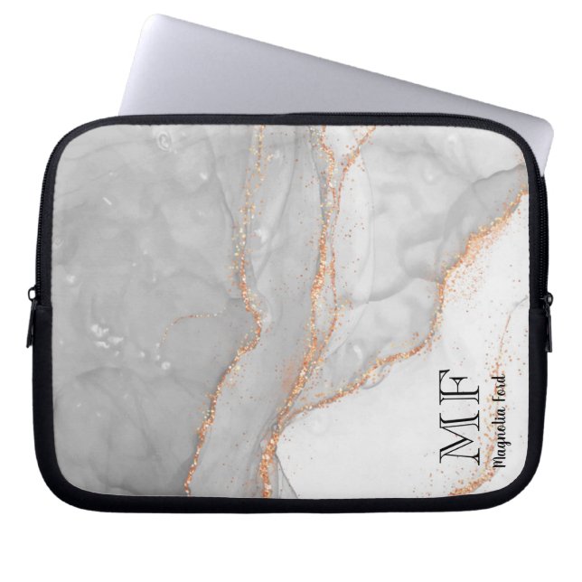 Grey White Gold Glitter Marble Customizable Laptop Sleeve (Front)