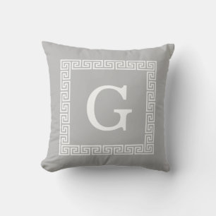 Grey White Greek Key Frame #1 Initial Monogram Throw Pillow
