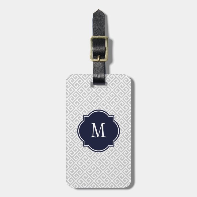 Grey & White Greek Key Monogram Luggage Tag (Front Vertical)