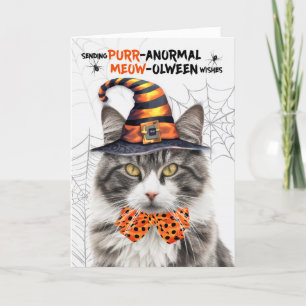 Grey White Halloween Cat PURRanormal MEOWolween Holiday Card