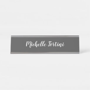 Grey White Handwriting Minimalist Plain Modern  Desk Name Plate