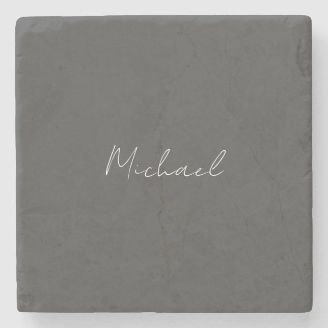 Grey White Handwritten Minimalist Your Name Stone Coaster (Front)