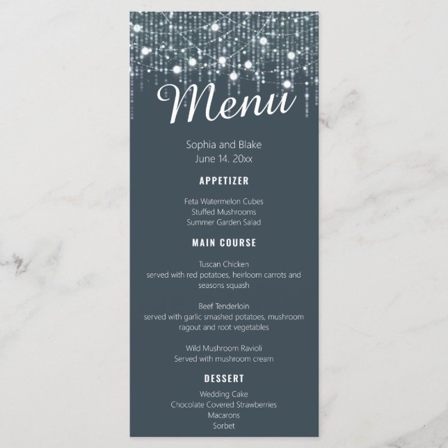 Grey & White Hanging Lights Wedding Flat Menu (Front)