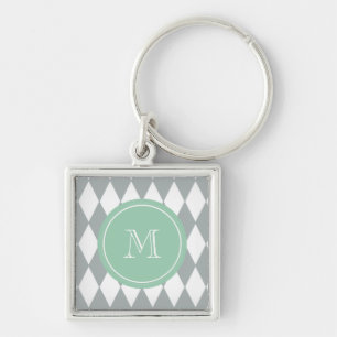 Grey White Harlequin Pattern, Mint Green Monogram Keychain