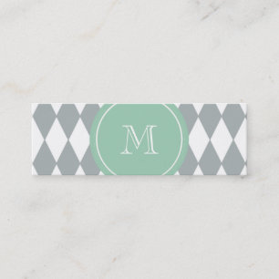 Grey White Harlequin Pattern, Mint Green Monogram Mini Business Card