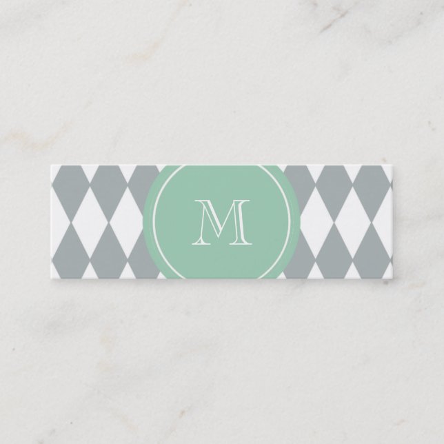 Grey White Harlequin Pattern, Mint Green Monogram Mini Business Card (Front)