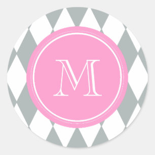 Grey White Harlequin Pattern, Pink Monogram Classic Round Sticker