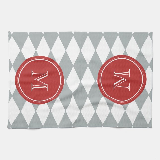 Grey White Harlequin Pattern, Red Monogram Kitchen Towel (Horizontal)