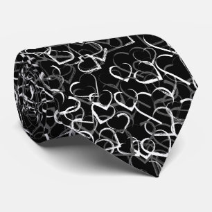 Grey white heart pattern Black background Tie