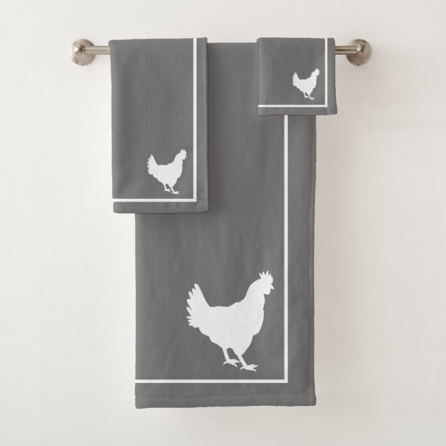 Grey & White Hen Silhouette Farmhouse Bath Towel Set (Insitu)