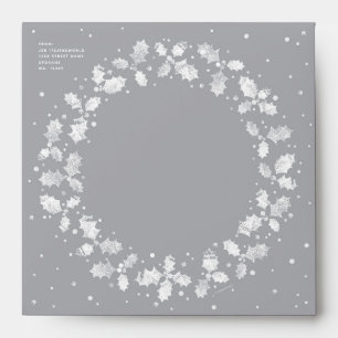 Grey + White Holly Wreath Return Address Square Envelope