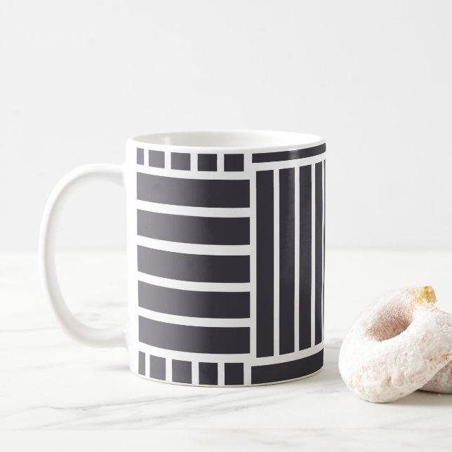 Grey White Horizontal Vertical Stripes Coffee Mug (With Donut)