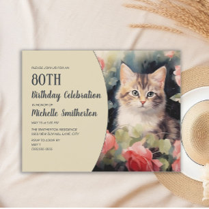 Grey White Kitten 80th Birthday Invitation