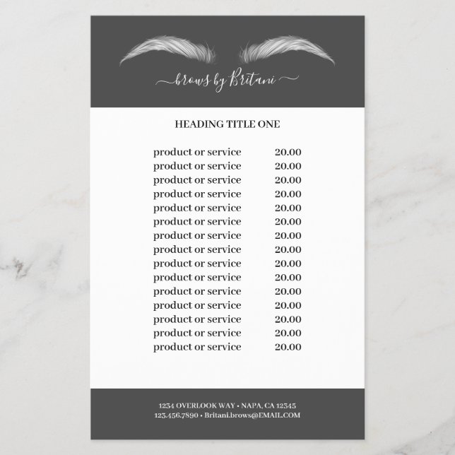 Grey & white Lashes & Brows Pricing & Services  Flyer (Front)