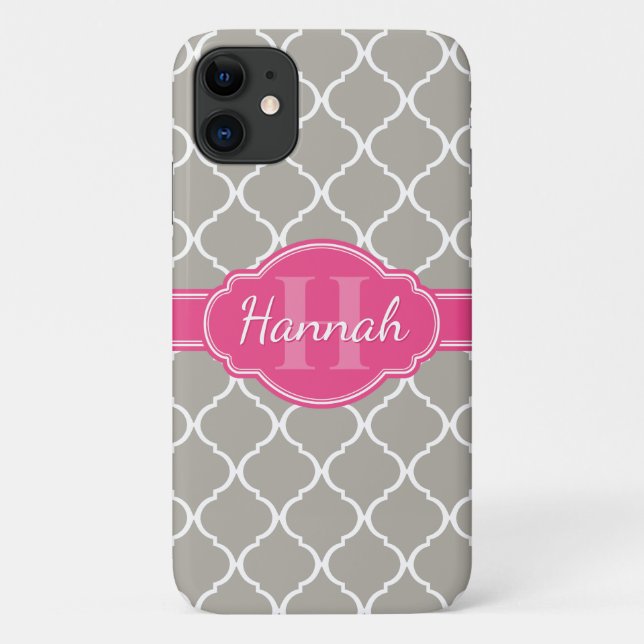 Grey White Lattice Pattern Pink Monogram Case-Mate iPhone Case (Back)